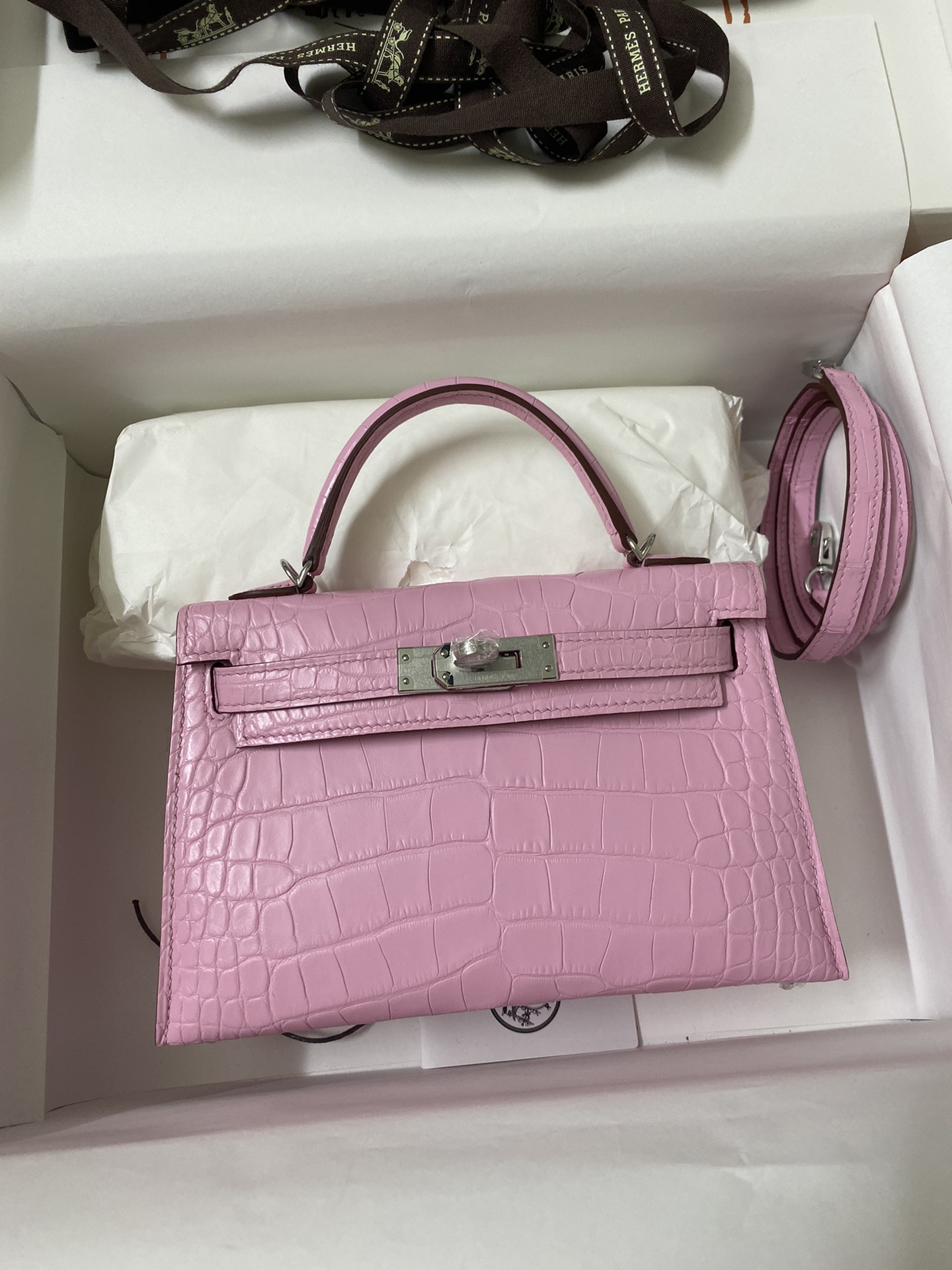 Hermes Kelly Mini II Bag 19CM In Mauve Sylvestre Matte Alligator Leather